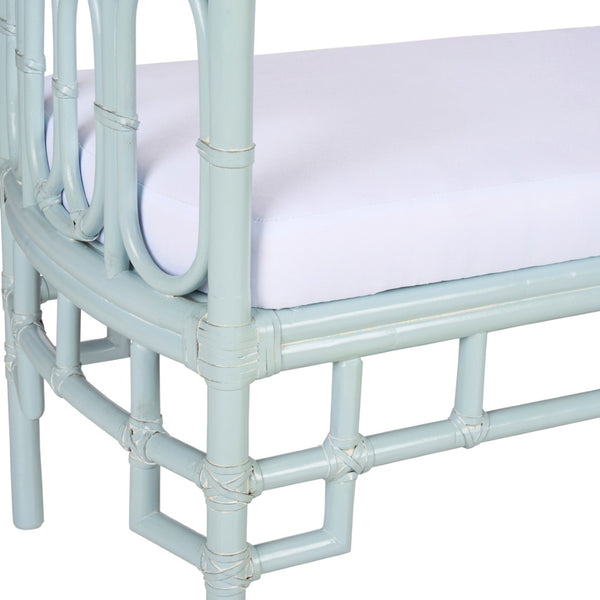 Wildwood Camilla Bench With Whitewashed Blue Rattan, Removable Cushion, Coastal-Asian Style Seating For Two (54") 490364