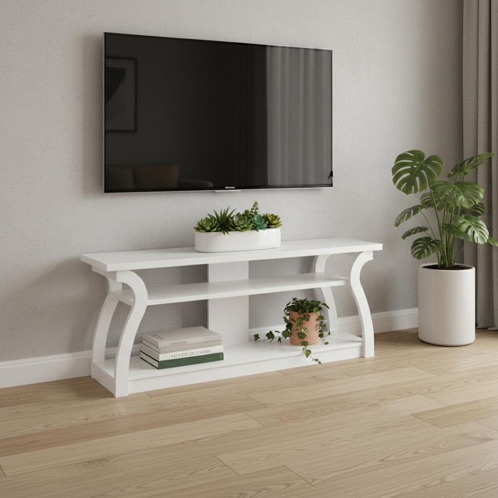 HomeRoots 60" White Wood Open Shelving TV Stand - Versatile Media Console for Modern Living & Stylish Display 490364