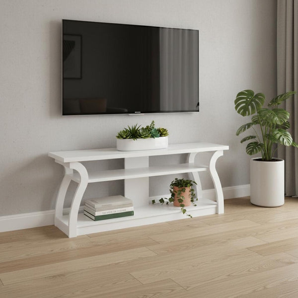 HomeRoots 60" White Wood Open Shelving TV Stand - Versatile Media Console for Modern Living & Stylish Display 490364