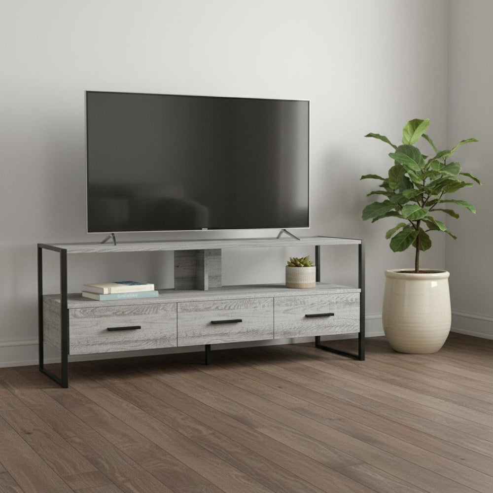 HomeRoots 49" Gray TV Stand - Modern Enclosed Storage with Open Shelving for Living Room, Bedroom, or Office 490366