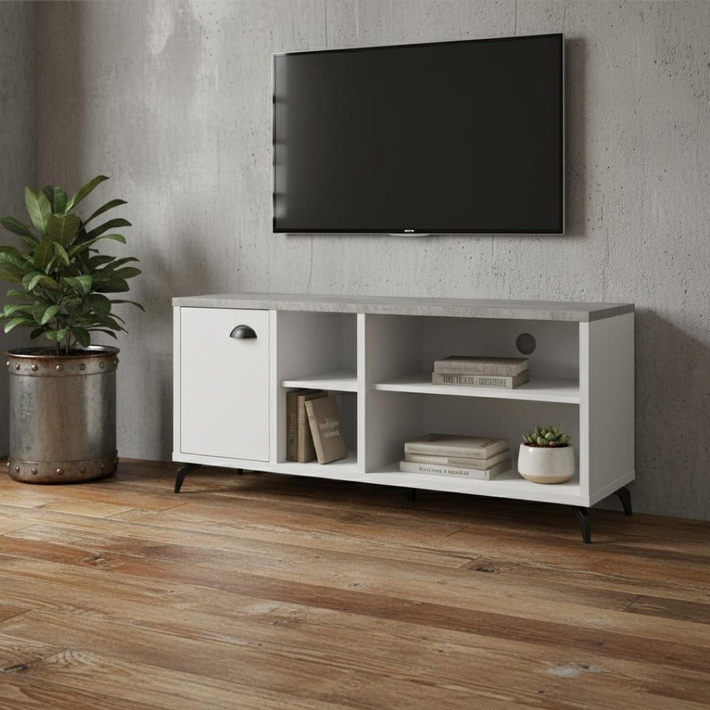 HomeRoots 47" Gray and White Wood TV Stand with Open Shelving & Enclosed Storage for Modern Living Spaces 490367