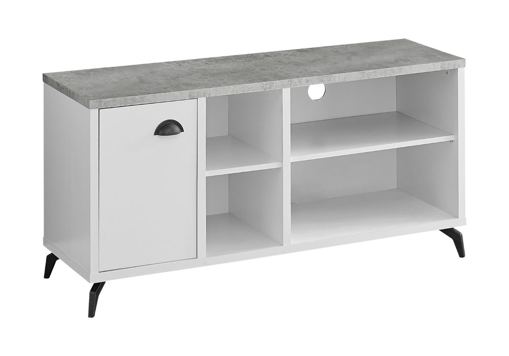 HomeRoots 47" Gray and White Wood TV Stand with Open Shelving & Enclosed Storage for Modern Living Spaces 490367