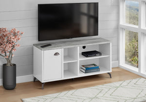 HomeRoots 47" Gray and White Wood TV Stand with Open Shelving & Enclosed Storage for Modern Living Spaces 490367