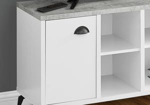 HomeRoots 47" Gray and White Wood TV Stand with Open Shelving & Enclosed Storage for Modern Living Spaces 490367