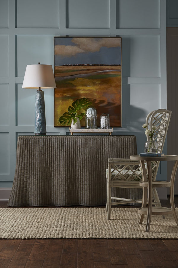 Wildwood Savannah Wave-Style Console Table In Weathered Gray Wash Wicker With Tempered Glass Top, 74" Wide 490368