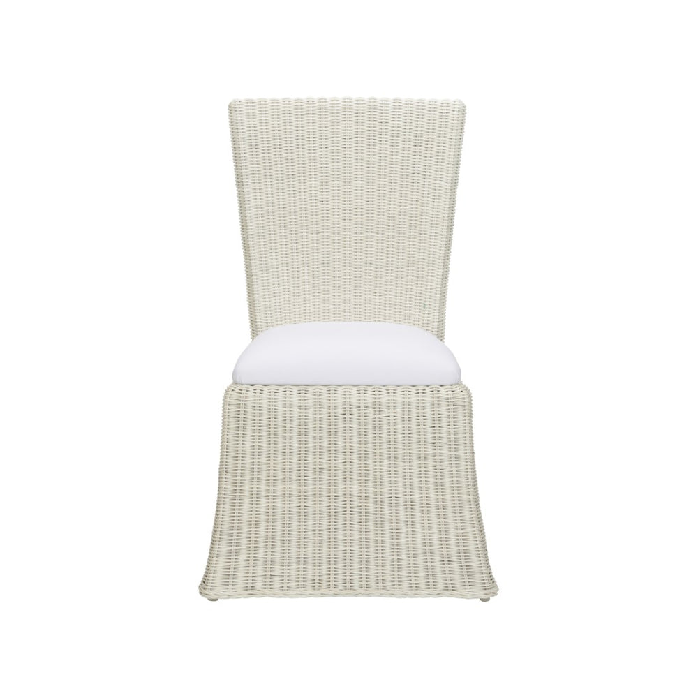 Wildwood Savannah Handwoven Whitewash Wicker Dining Chair With Removable White Cushion — Coastal Comfort Seating 490369