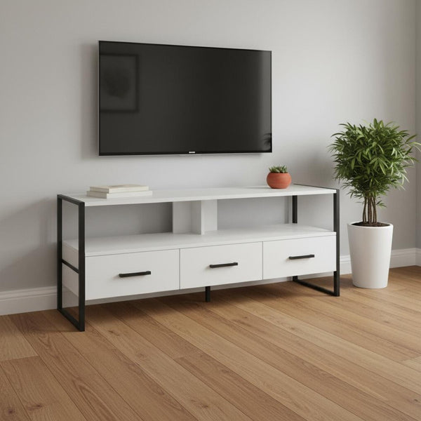 HomeRoots 49" White Cabinet TV Stand - Modern Enclosed Storage with Open Shelves for Media, Remotes & Decor 490370