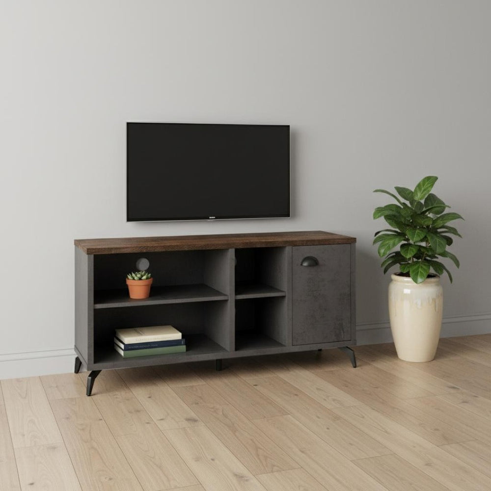 HomeRoots 47" Rustic Distressed Reclaimed Wood TV Stand with Open Shelving and Enclosed Storage for Versatility 490371