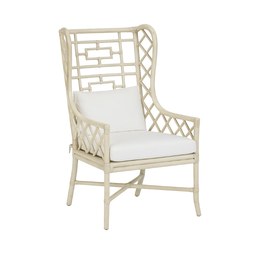 Wildwood Gwyneth Wing Chair With Rattan Frame And Nubby Gray Velour Cushion — Timeless Asian-Inspired Design White/Cream 490372