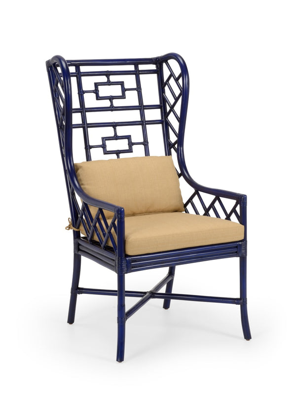 Wildwood Gwyneth Rattan Wing Chair In Indigo Finish — Sculpted Wingback With Removable Sand-Linen Cushion For Timeless Coastal & Boho Style Blue 490373