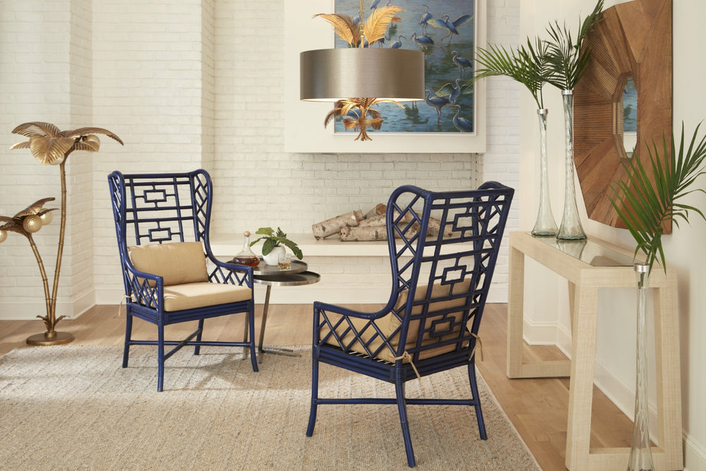 Wildwood Gwyneth Rattan Wing Chair In Indigo Finish — Sculpted Wingback With Removable Sand-Linen Cushion For Timeless Coastal & Boho Style Blue 490373