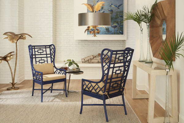 Wildwood Gwyneth Rattan Wing Chair In Indigo Finish — Sculpted Wingback With Removable Sand-Linen Cushion For Timeless Coastal & Boho Style Blue 490373