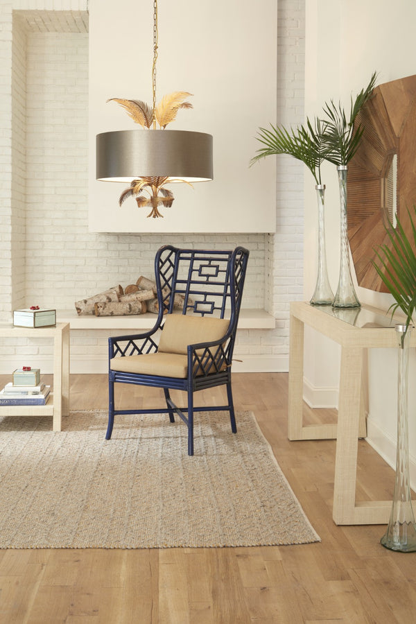 Wildwood Gwyneth Rattan Wing Chair In Indigo Finish — Sculpted Wingback With Removable Sand-Linen Cushion For Timeless Coastal & Boho Style Blue 490373