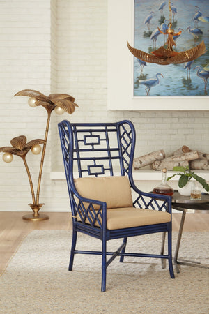 Wildwood Gwyneth Rattan Wing Chair In Indigo Finish — Sculpted Wingback With Removable Sand-Linen Cushion For Timeless Coastal & Boho Style Blue 490373