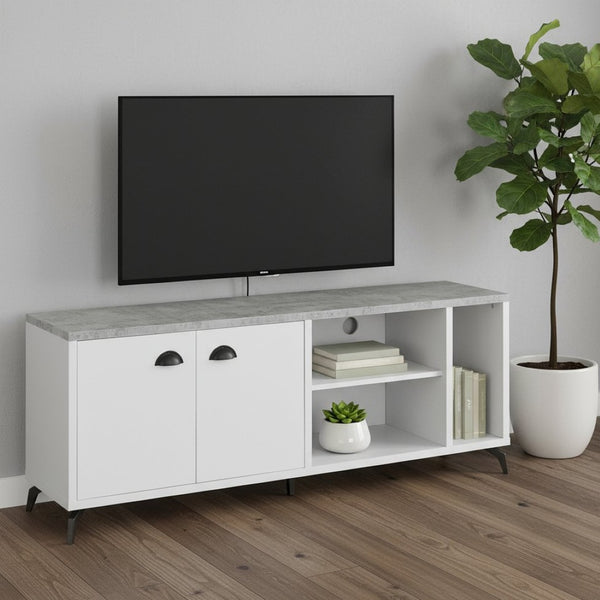 HomeRoots 60" White Cabinet Enclosed Storage TV Stand - Modern Media Console with Open Shelves & Hidden Storage 490374