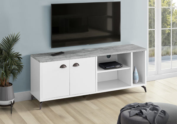HomeRoots 60" White Cabinet Enclosed Storage TV Stand - Modern Media Console with Open Shelves & Hidden Storage 490374