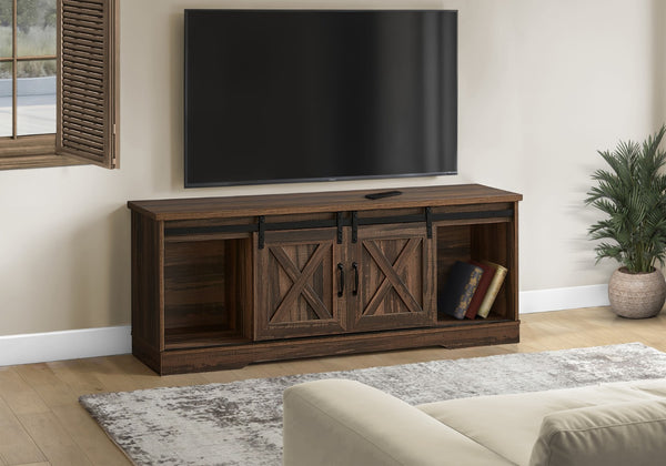 HomeRoots 59" Brown Enclosed Storage TV Stand with Barn-Door Design – Stylish, Durable, and Functional Media Console 490375