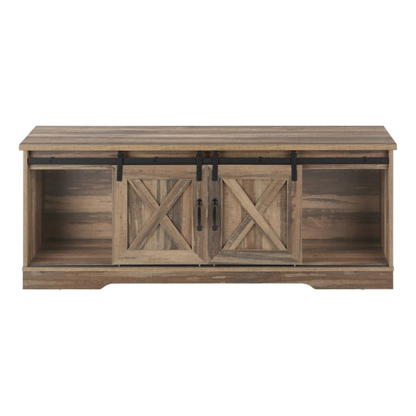 HomeRoots 59" Brown Enclosed Storage TV Stand with Barn-Door Design – Stylish, Durable, and Functional Media Console 490375