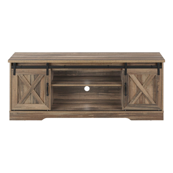 HomeRoots 59" Brown Enclosed Storage TV Stand with Barn-Door Design – Stylish, Durable, and Functional Media Console 490375