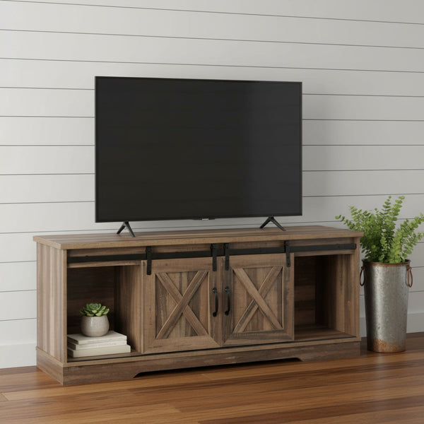 HomeRoots 59" Brown Enclosed Storage TV Stand with Barn-Door Design – Stylish, Durable, and Functional Media Console 490375