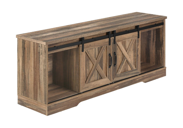 HomeRoots 59" Brown Enclosed Storage TV Stand with Barn-Door Design – Stylish, Durable, and Functional Media Console 490375