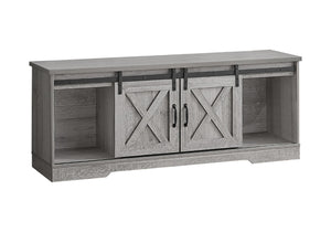 HomeRoots 59" Gray Cabinet Enclosed Storage TV Stand - Stylish Media Center with Adjustable Shelving & Barn Doors 490376