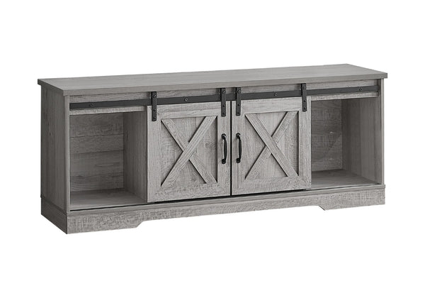 HomeRoots 59" Gray Cabinet Enclosed Storage TV Stand - Stylish Media Center with Adjustable Shelving & Barn Doors 490376