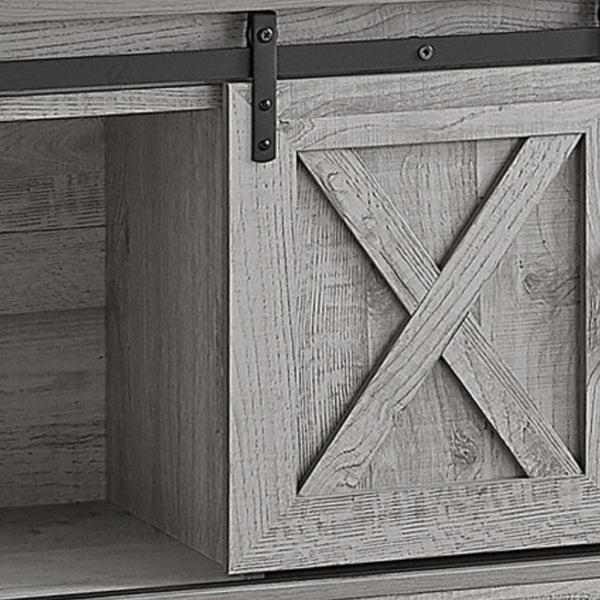 HomeRoots 59" Gray Cabinet Enclosed Storage TV Stand - Stylish Media Center with Adjustable Shelving & Barn Doors 490376
