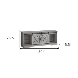 HomeRoots 59" Gray Cabinet Enclosed Storage TV Stand - Stylish Media Center with Adjustable Shelving & Barn Doors 490376