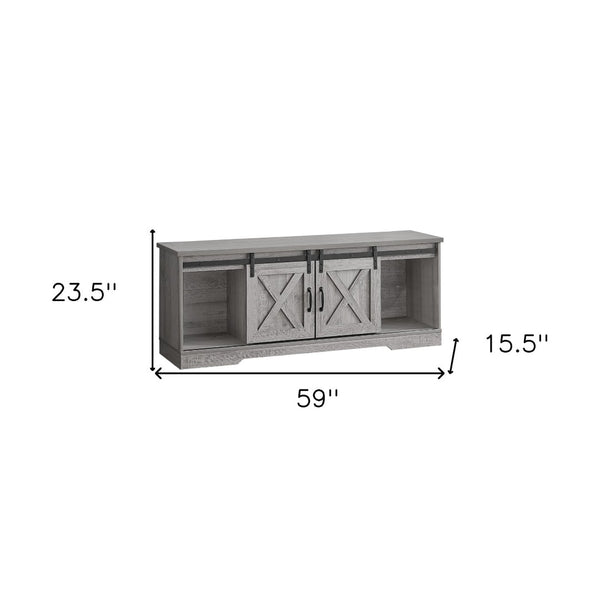 HomeRoots 59" Gray Cabinet Enclosed Storage TV Stand - Stylish Media Center with Adjustable Shelving & Barn Doors 490376