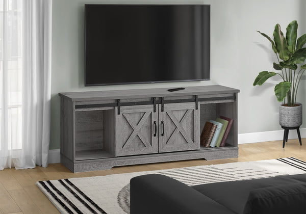 HomeRoots 59" Gray Cabinet Enclosed Storage TV Stand - Stylish Media Center with Adjustable Shelving & Barn Doors 490376