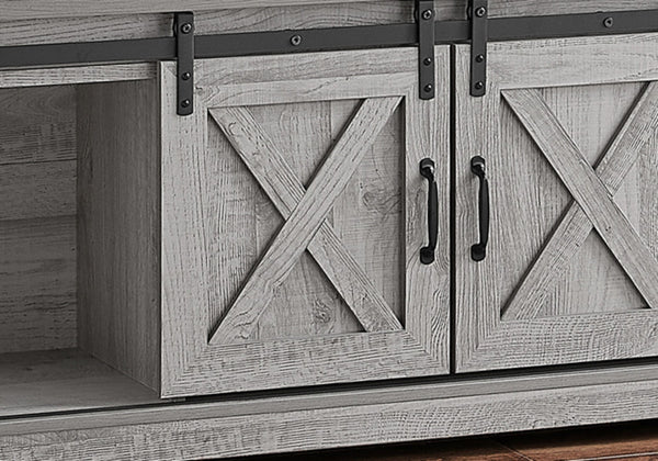 HomeRoots 59" Gray Cabinet Enclosed Storage TV Stand - Stylish Media Center with Adjustable Shelving & Barn Doors 490376
