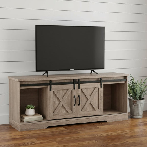 HomeRoots 59" Deep Taupe TV Stand with Barn-Door Design – Stylish Storage & Display for Modern Living Spaces 490379