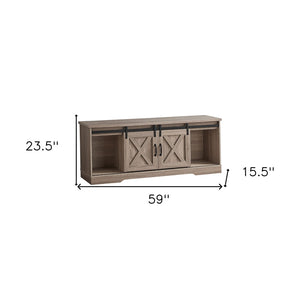 HomeRoots 59" Deep Taupe TV Stand with Barn-Door Design – Stylish Storage & Display for Modern Living Spaces 490379