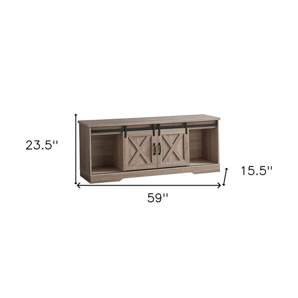 HomeRoots 59" Deep Taupe TV Stand with Barn-Door Design – Stylish Storage & Display for Modern Living Spaces 490379