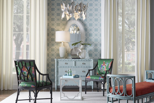 Wildwood Gutshall Coastal Chest With Blue-White Glaze, Woven Caning & Satin-Nickel Hardware, 36"H X 46"W 490380