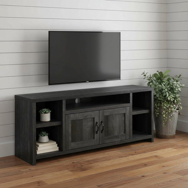 HomeRoots 59" Black Enclosed Storage TV Stand - Modern Design with Open Shelves & Cabinets for Clutter-Free Living 490380