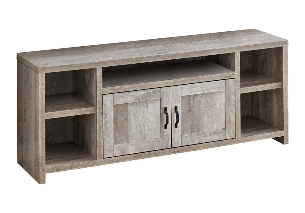 HomeRoots 59" Taupe Distressed Wood TV Stand with Enclosed Cabinets & Open Shelving for Modern Rustic Charm 490383