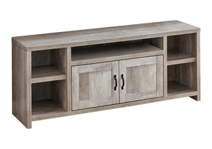 HomeRoots 59" Taupe Distressed Wood TV Stand with Enclosed Cabinets & Open Shelving for Modern Rustic Charm 490383