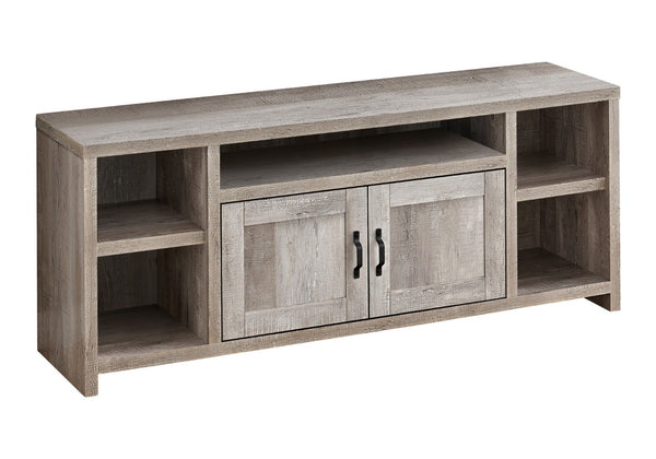 HomeRoots 59" Taupe Distressed Wood TV Stand with Enclosed Cabinets & Open Shelving for Modern Rustic Charm 490383