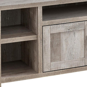 HomeRoots 59" Taupe Distressed Wood TV Stand with Enclosed Cabinets & Open Shelving for Modern Rustic Charm 490383