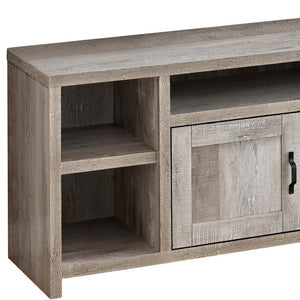 HomeRoots 59" Taupe Distressed Wood TV Stand with Enclosed Cabinets & Open Shelving for Modern Rustic Charm 490383