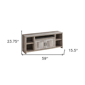 HomeRoots 59" Taupe Distressed Wood TV Stand with Enclosed Cabinets & Open Shelving for Modern Rustic Charm 490383