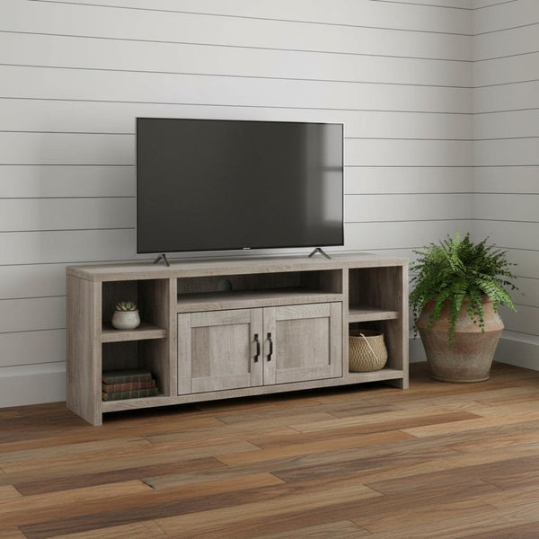 HomeRoots 59" Taupe Distressed Wood TV Stand with Enclosed Cabinets & Open Shelving for Modern Rustic Charm 490383