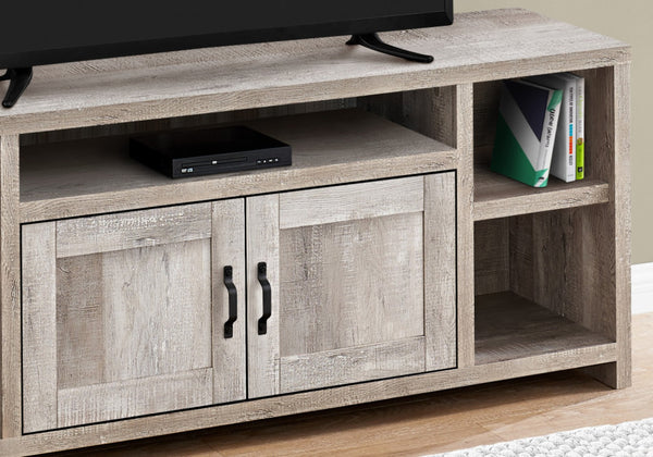 HomeRoots 59" Taupe Distressed Wood TV Stand with Enclosed Cabinets & Open Shelving for Modern Rustic Charm 490383
