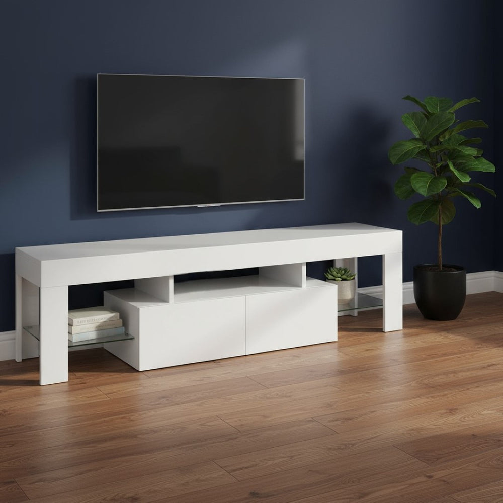 HomeRoots 63" White Cabinet Enclosed Storage TV Stand – Modern Design with Concealed Storage for Organizing Media 490385
