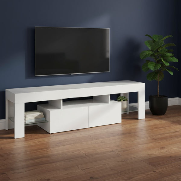 HomeRoots 63" White Cabinet Enclosed Storage TV Stand – Modern Design with Concealed Storage for Organizing Media 490385