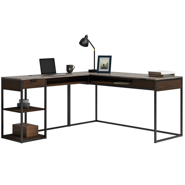 English Elm L-Shaped Desk In Warm Brown Finish, Stylish Corner Workspace With Hidden Storage & Durable Frame B356P367862