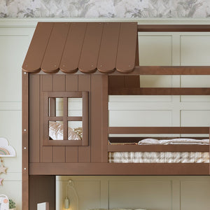 English Elm Twin Over Full Playhouse Bunk Bed with Slide Ladder Storage Shelves and Wardrobe Antique Natural W5305S00041
