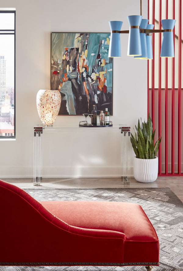 Wildwood Bowen Slim Acrylic Console With Tempered Glass Top & Polished Nickel Accents — Modern Entryway Chic 490409